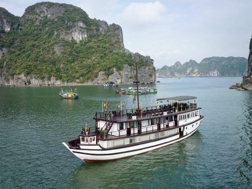 Garden Bay Cruise Bai Tu Long Bay gliding through peaceful emerald waters with local fishing boats and stunning natural scenery