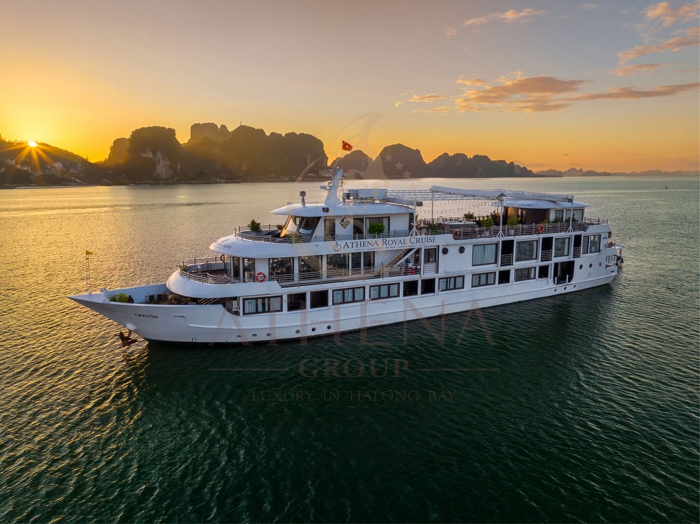 Full exterior view of Athena Royal – a 5-Star Halong Bay Luxury Cruise featuring an elegant multi-deck design