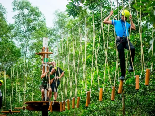 Thrilling zipline adventure at Thanh Tan Hot Spring Resort, soaring over dense forest canopies