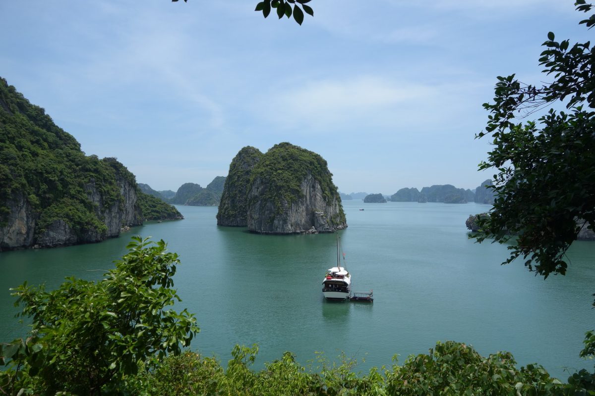 A panoramic view of Bai Tu Long Bay, featuring its tranquil landscapes, stunning limestone karsts, and rich biodiversity amidst the calm waters, making it a perfect getaway for nature lovers.