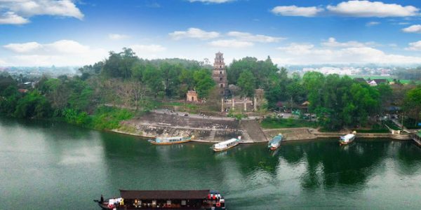 Thien Mu Pagoda in Hue, with its iconic seven-story tower by the peaceful Perfume River