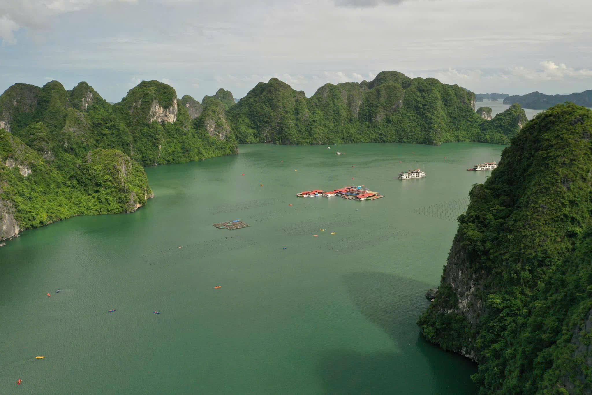 Halong Bay Day Trip to Tung Sau Area featuring cruise boats and traditional floating pearl farms