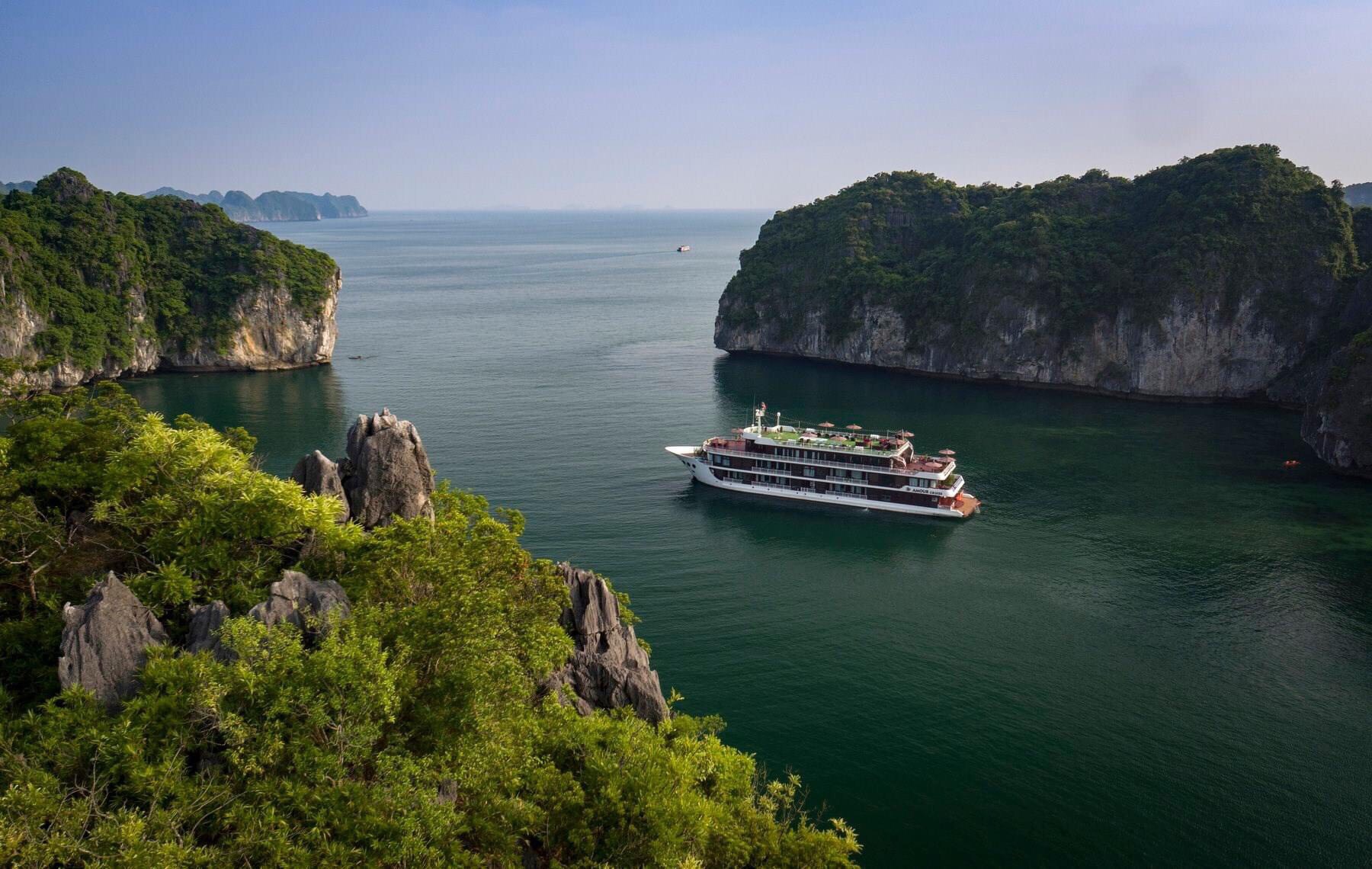 Panoramic views from a typical Halong Bay 2-Day Cruise with tranquil waters and open horizons
